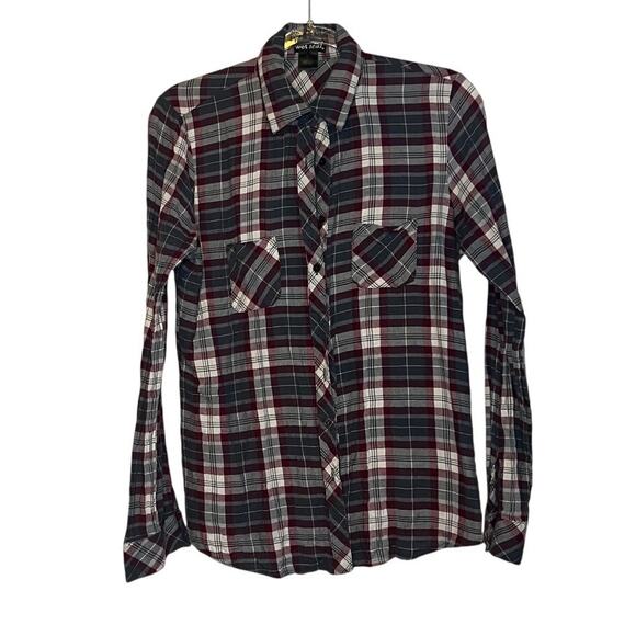 Wet Seal Grey Red Plaid Button Up L - Picture 2 of 3